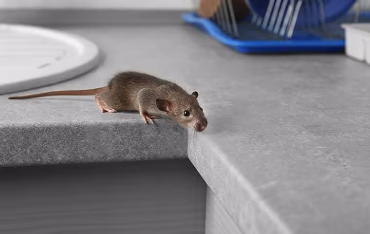 A rodent crawling on a kitchen counter