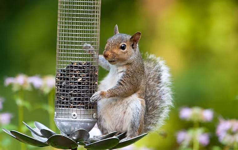 Squirrel on a bird feeder