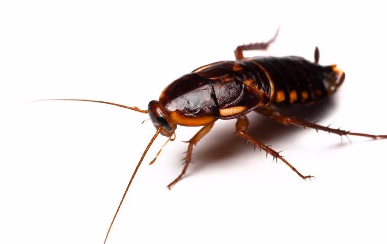 Cockroach crawling on a white surface.
