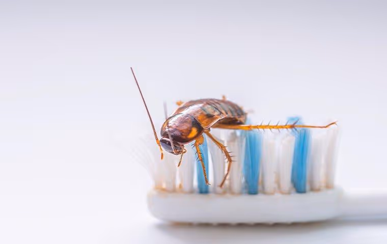 Cockroach crawling on a toothbrush.