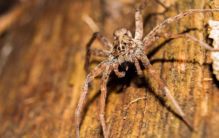 Wolf Spider crawling on wood.