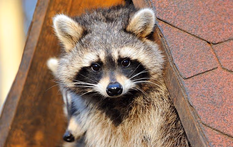 Two raccoons peeking from a roof.
