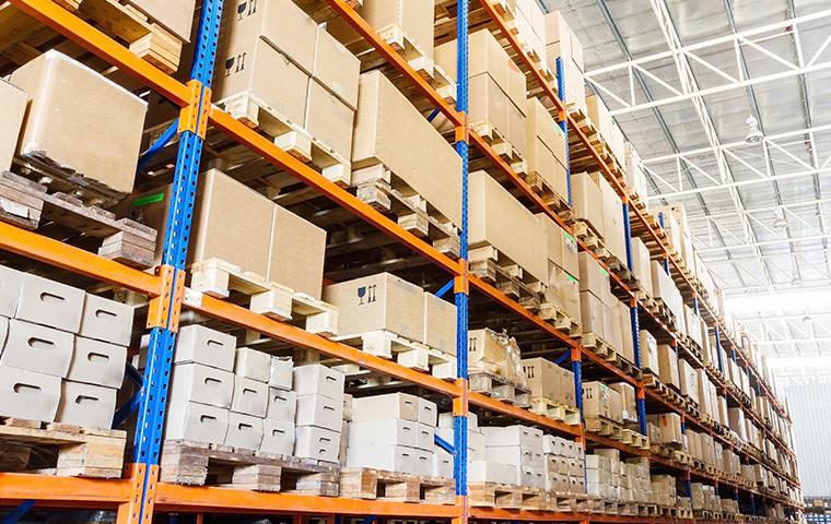 Boxes on shelves in warehouse