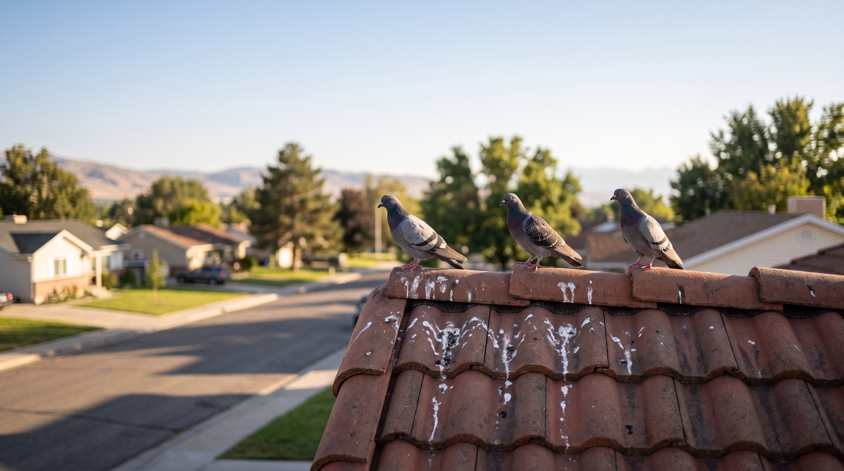 Pigeons roosting on a roofline ledge in Salt Lake City Utah during late summer nesting season