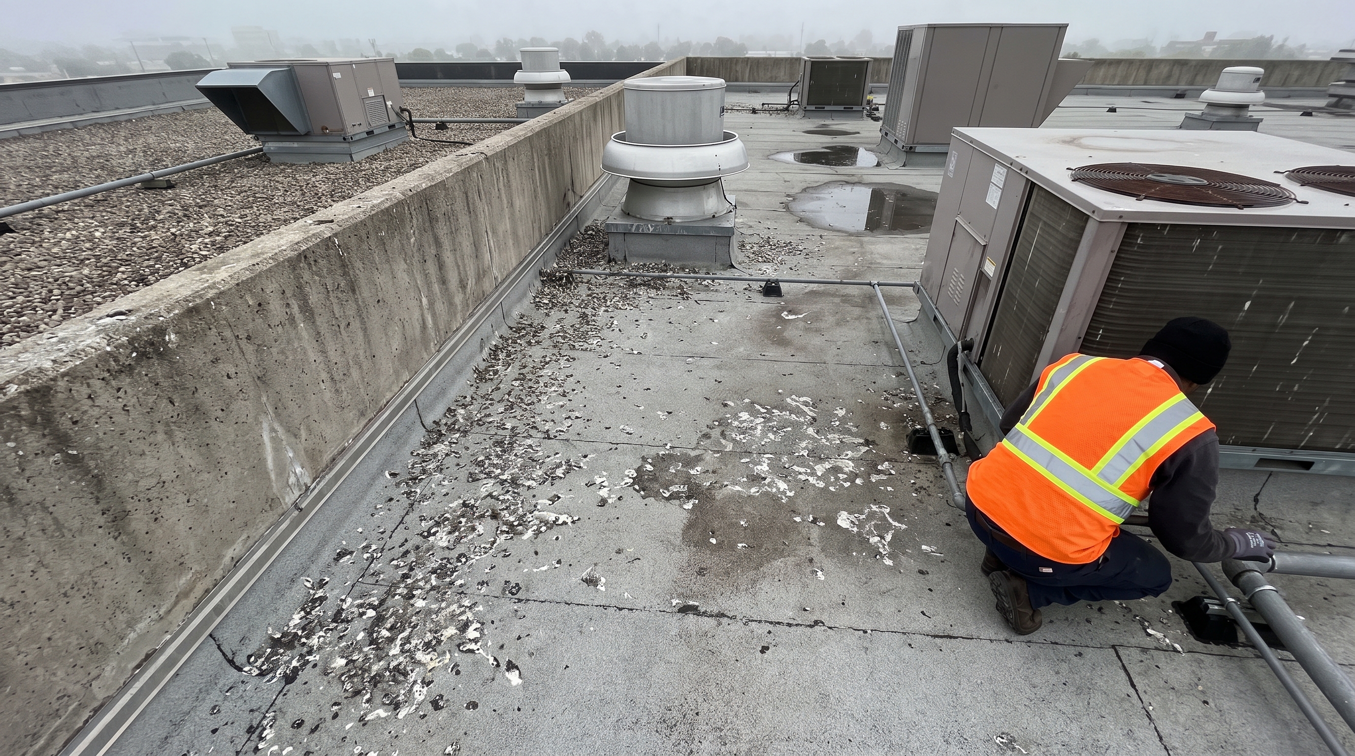 Commercial rooftop with pigeons roosting on parapet wall and HVAC units at a Salt Lake City business property
