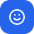 Blue square icon with a white smiling face inside a circle.