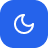 White crescent moon icon on a blue rounded square background.