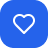 White heart outline inside a location pin, on a rounded blue square background.
