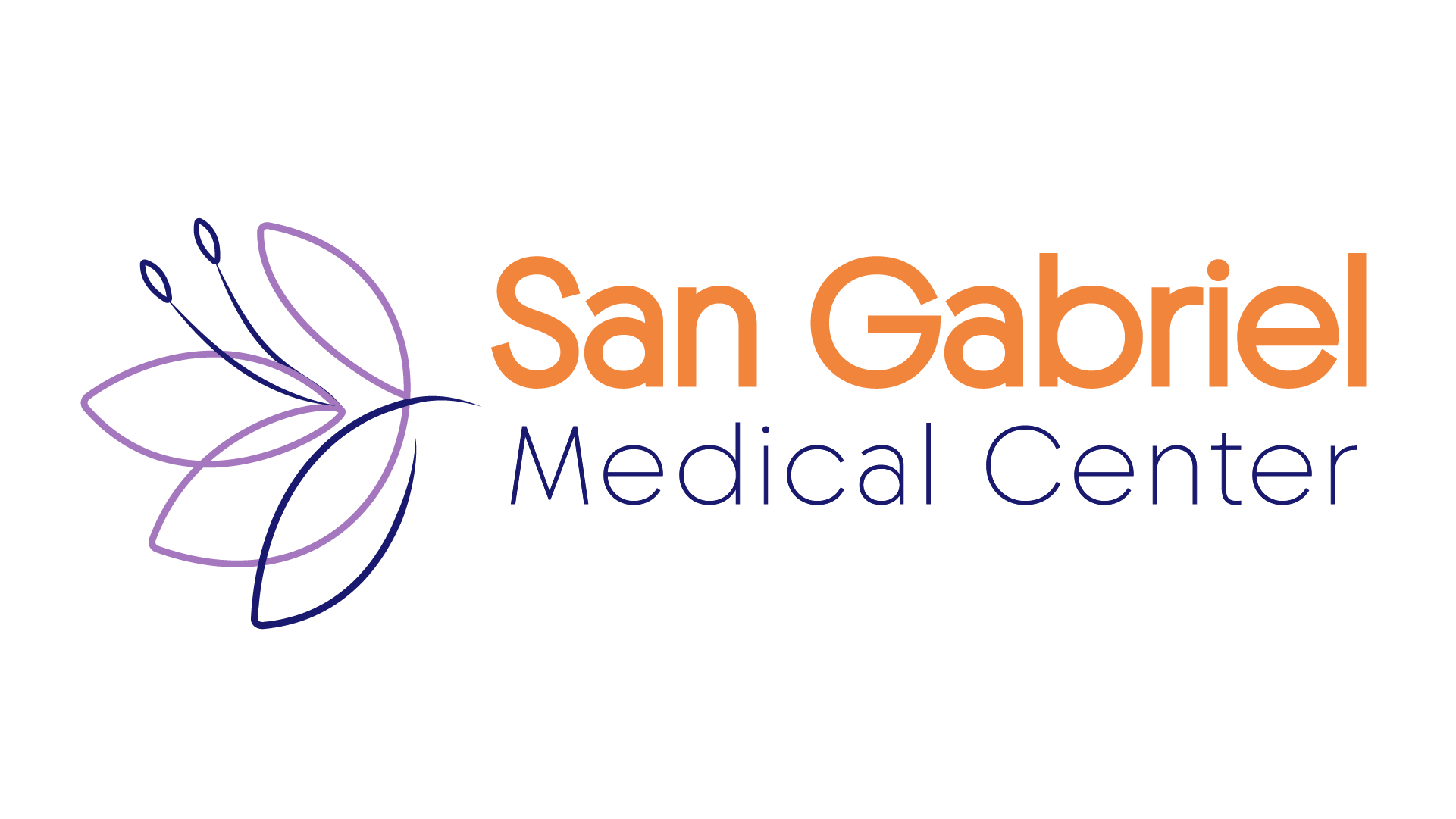 San Gabriel Medical Center logo with stylized flower graphic on left and text in orange and dark blue.