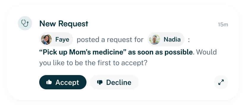 Notification showing Faye posted a request for Nadia to pick up Mom’s medicine as soon as possible, with options to Accept or Decline.