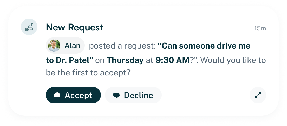 Notification of a new request from Alan asking if someone can drive him to Dr. Patel on Thursday at 9:30 AM with options to Accept or Decline.
