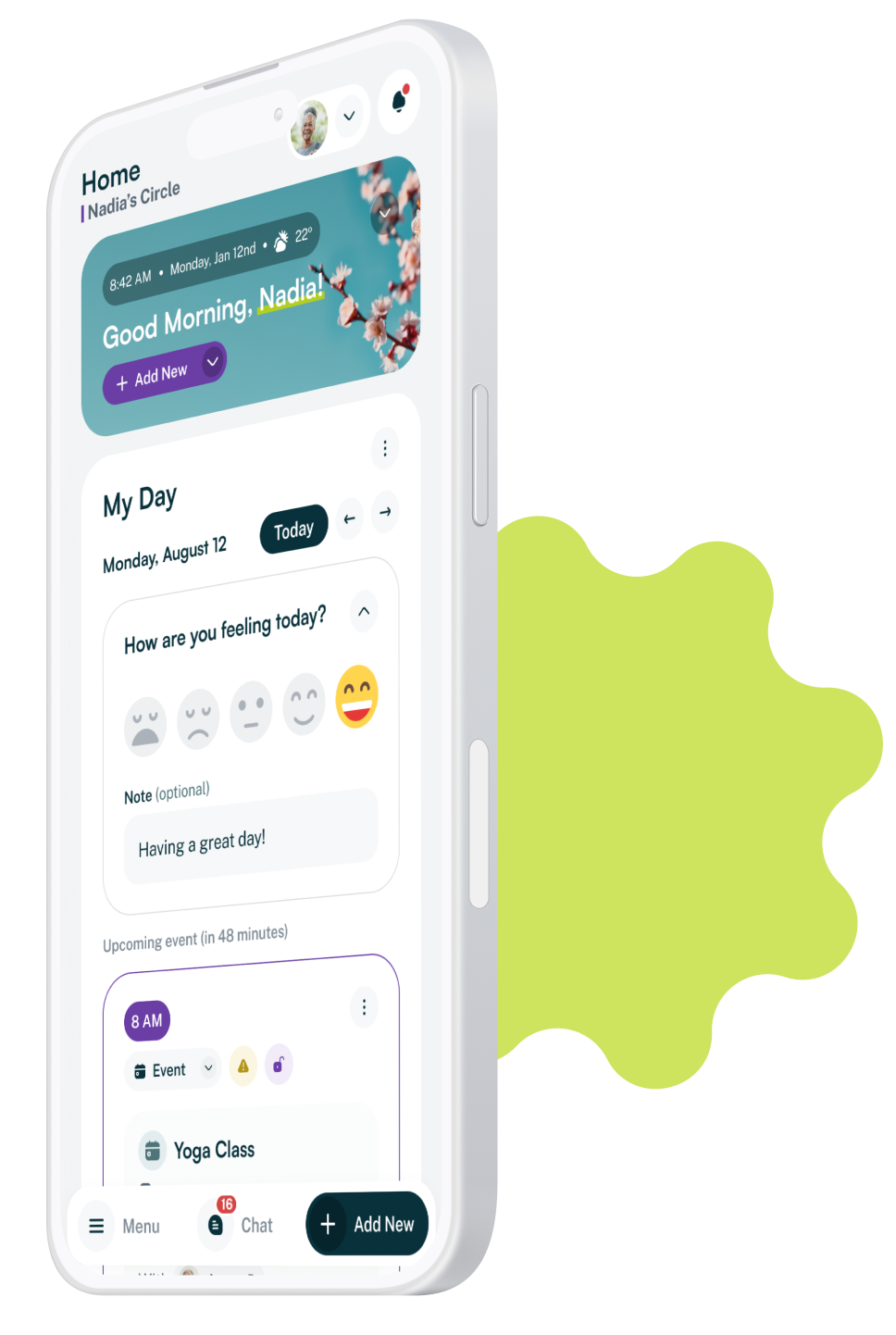 Mobile app home screen showing 2 of 4 people checked in today, 7 open requests, 18 new chat messages, 15 tasks to do today, and a daily check-up with mood emojis.