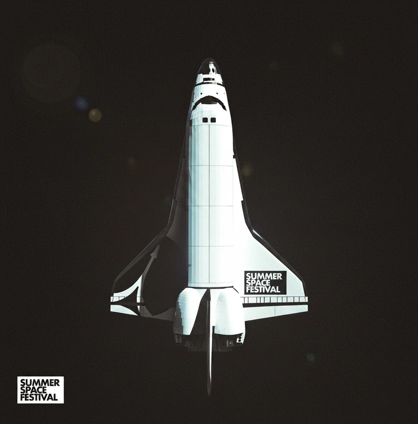 Top-down view of a white space shuttle with 'Summer Space Festival' text on its wing against a black background.