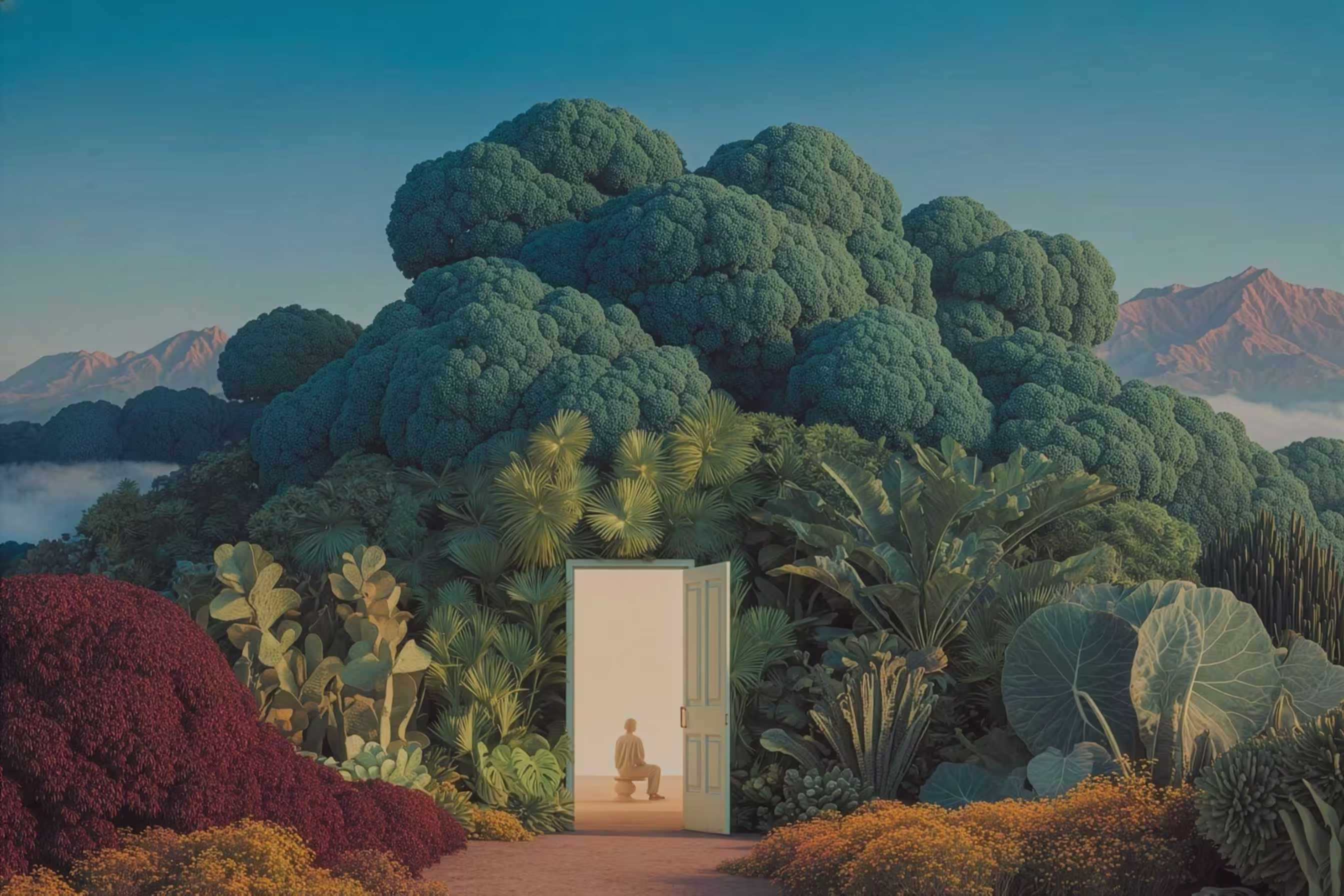 Open door in lush garden revealing a person sitting inside a brightly lit room, with broccoli-shaped trees and large leafy plants surrounding the doorway.