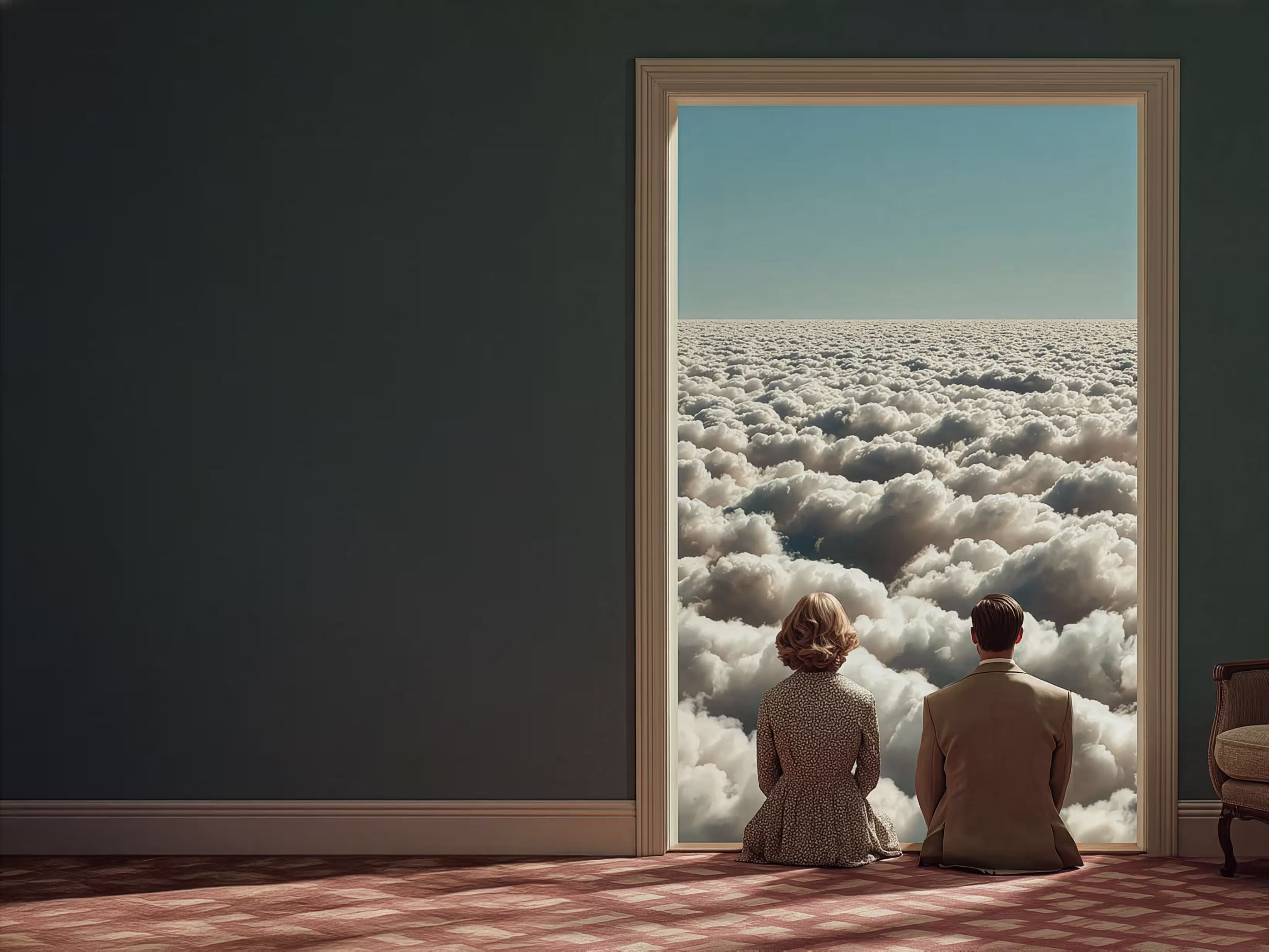 A man and a woman sitting on a checkered floor looking out a large doorway into a sky filled with dense, fluffy clouds under a clear blue sky.
