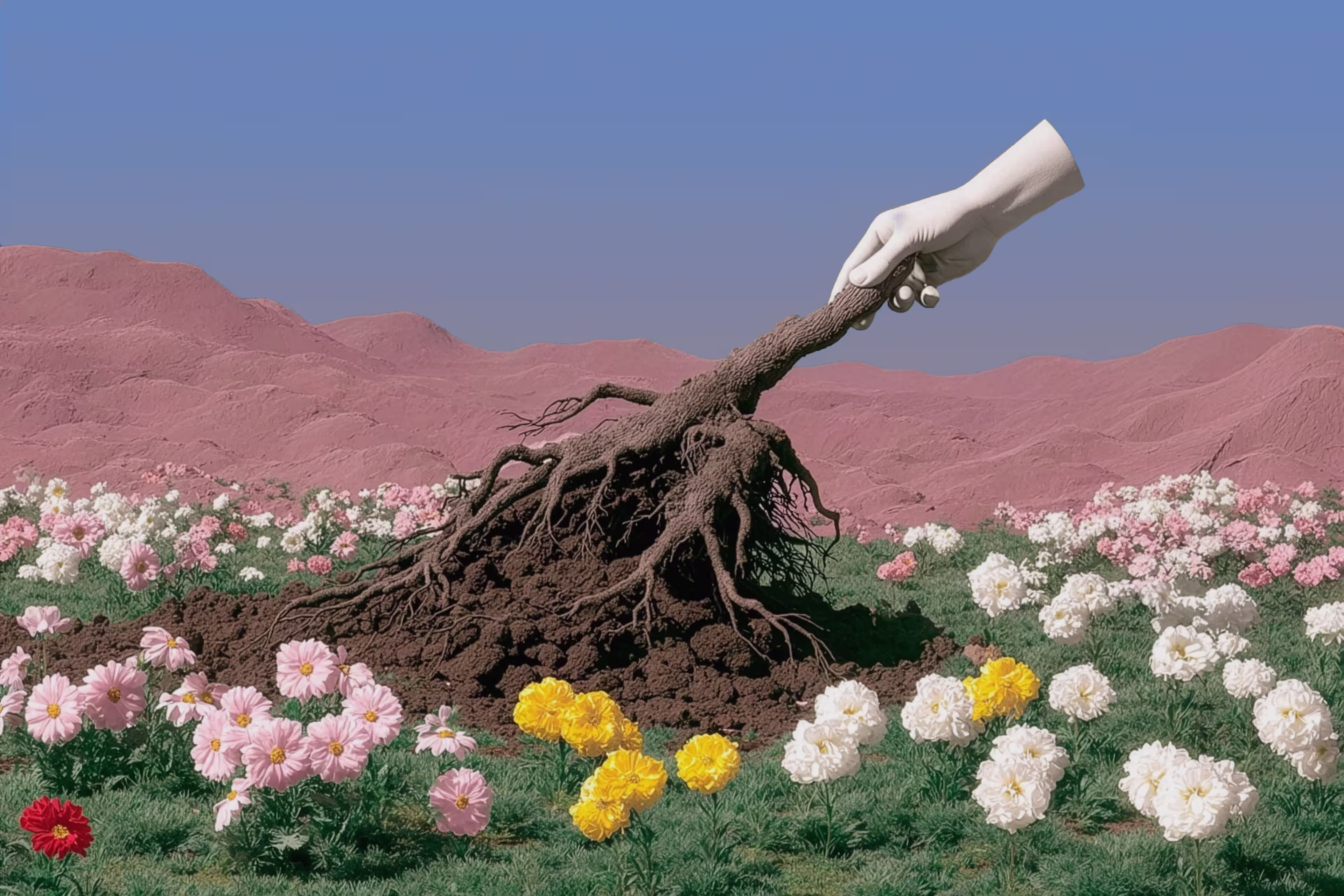A hand wearing a white glove holds an uprooted plant with soil and roots among colorful flowers with a pink mountainous background under a clear sky.
