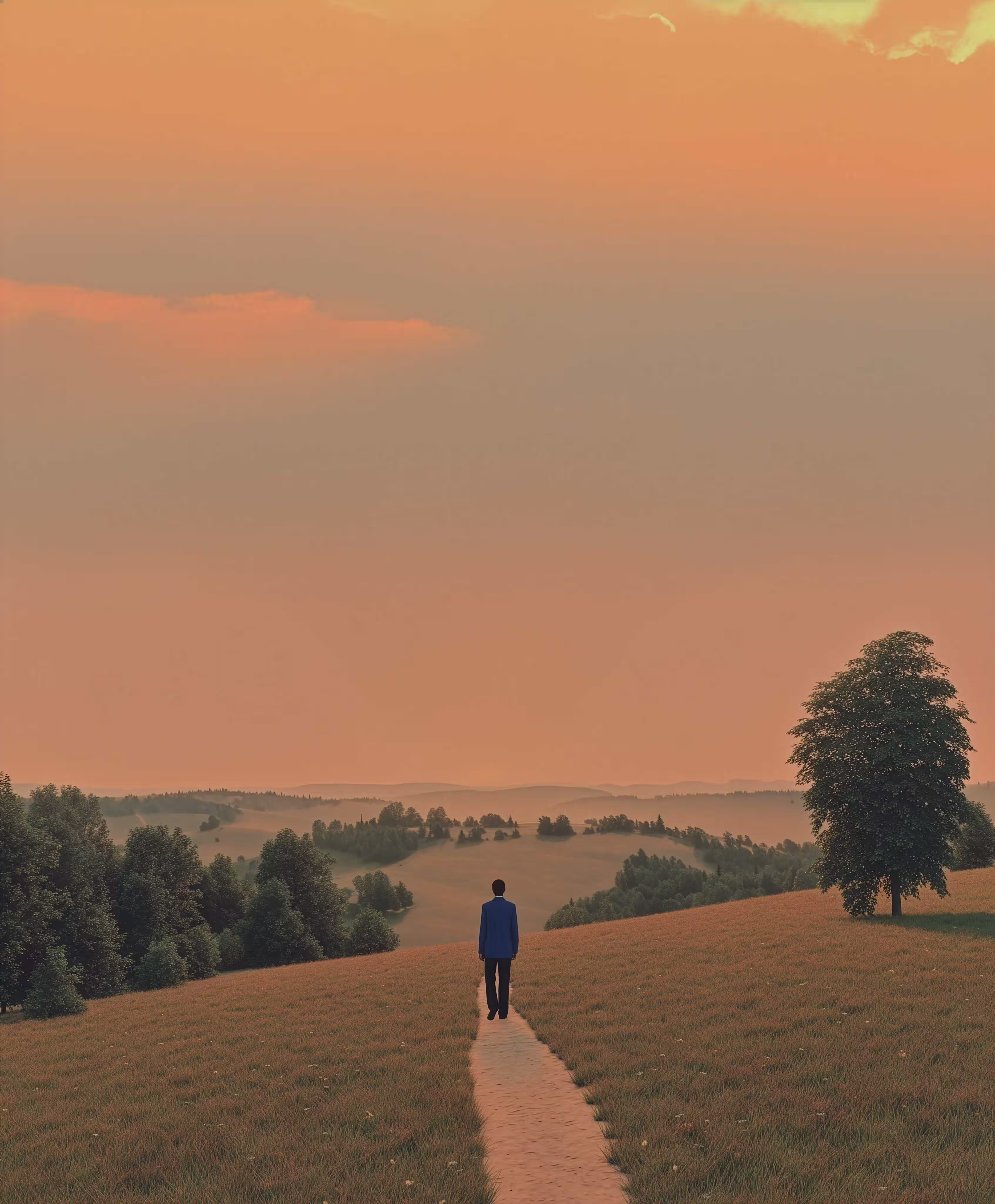 Person in a blue jacket walking on a narrow path through a grassy field toward a distant tree at sunset.