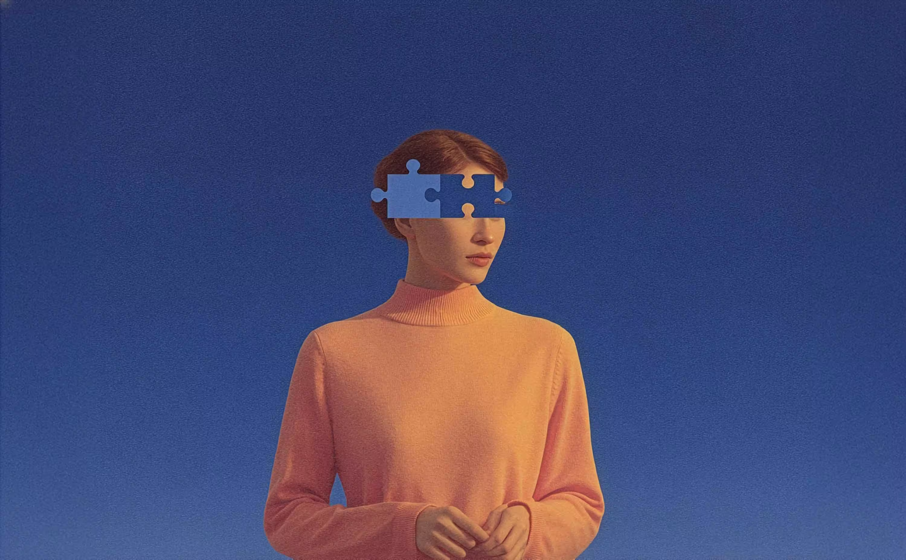 Woman in a peach turtleneck sweater with three puzzle pieces missing from her eyes against a blue background.