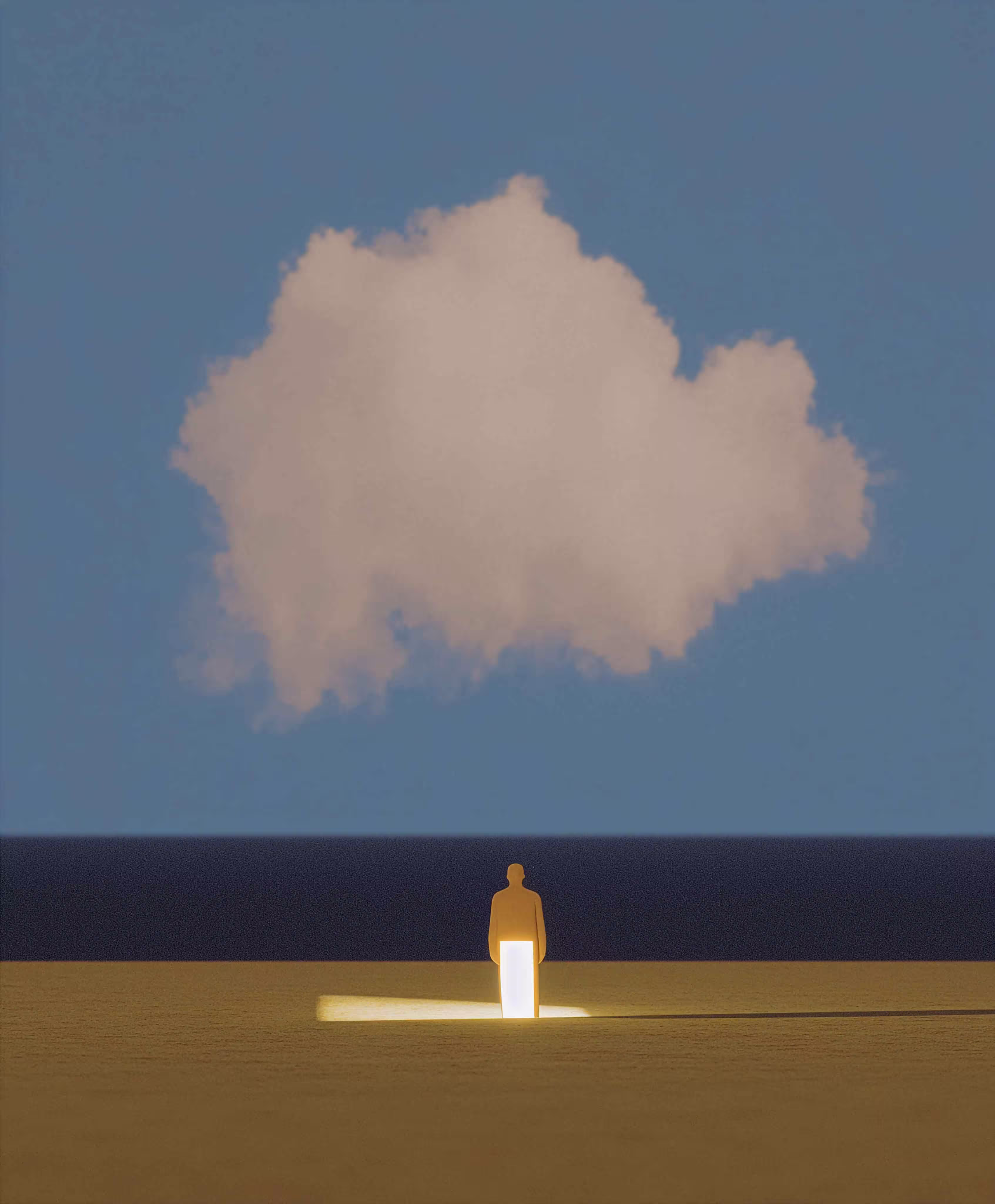 Silhouette of a person standing on a flat surface illuminated by a rectangular light beam with a large cloud in a blue sky above a dark horizon.
