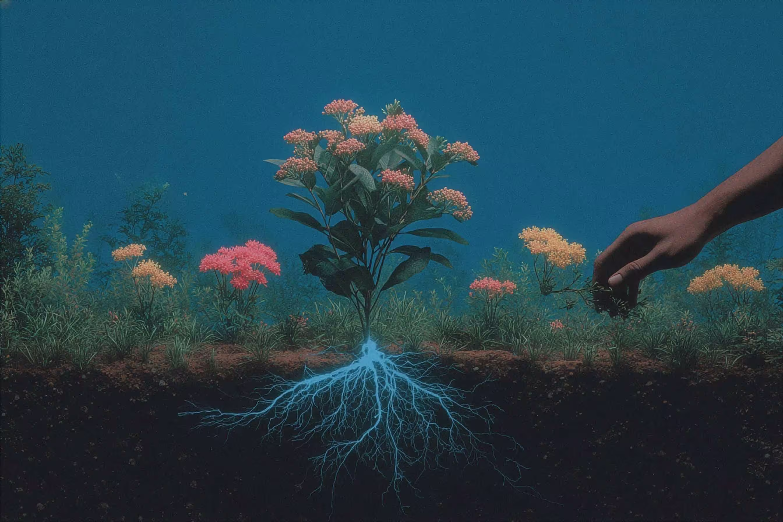 Illustration of a flowering plant with glowing blue roots underground and a hand reaching from the right.