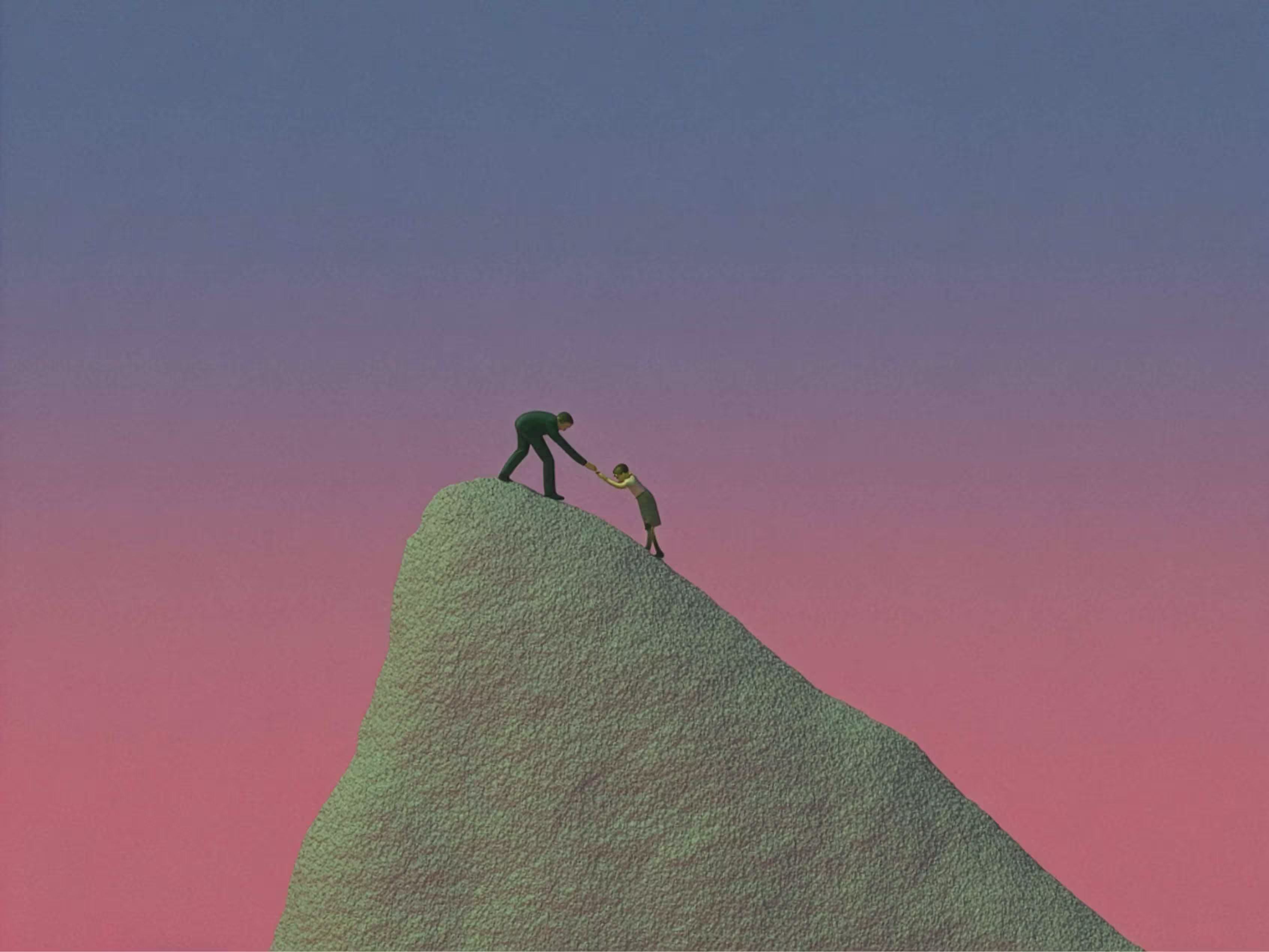 Two small figures on top of a steep rock, one helping the other climb up against a gradient dusk sky.