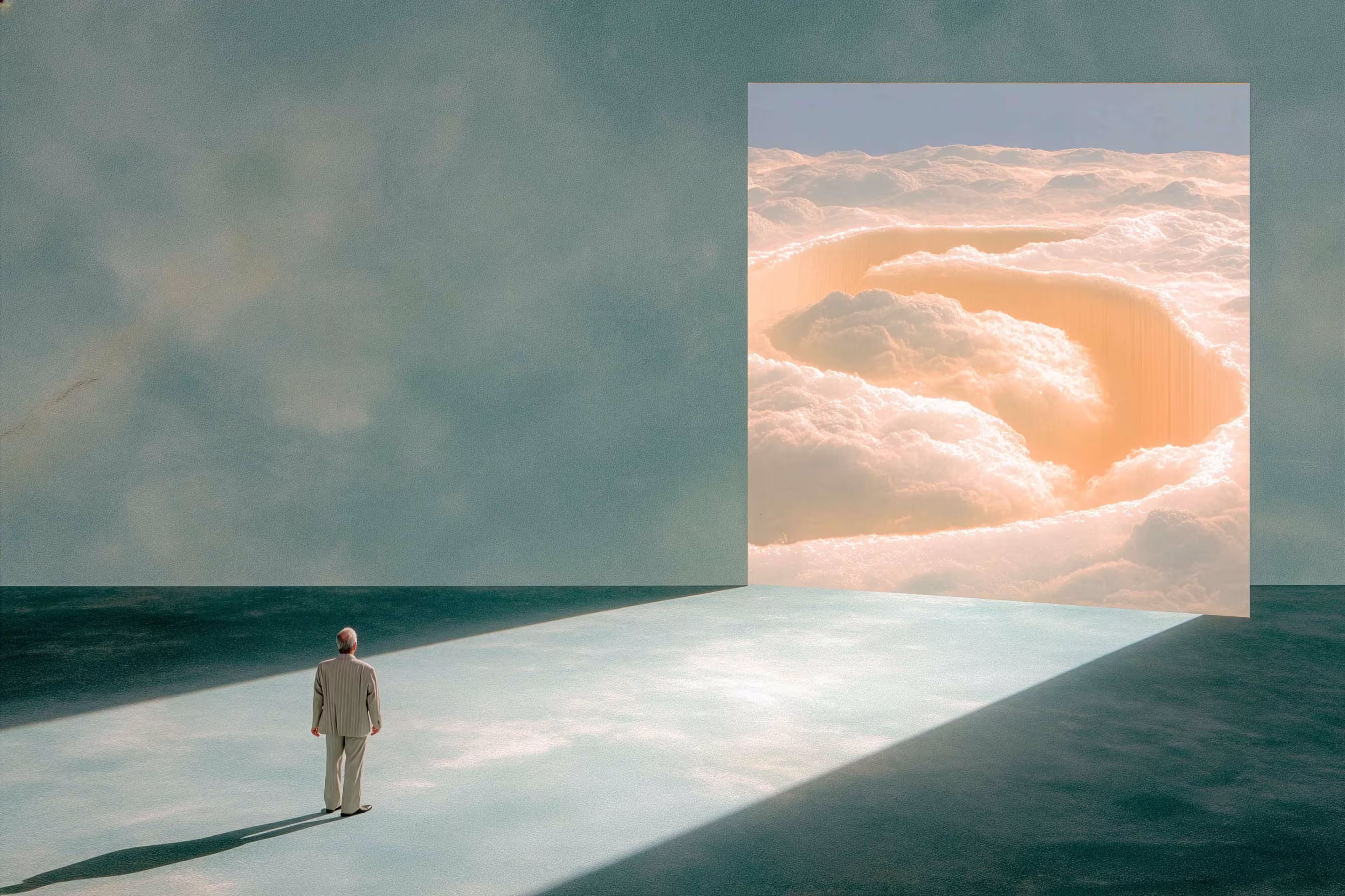 Man in a light suit standing in a shadowy room facing a large square opening showing soft clouds with a glowing golden spiral cut out.