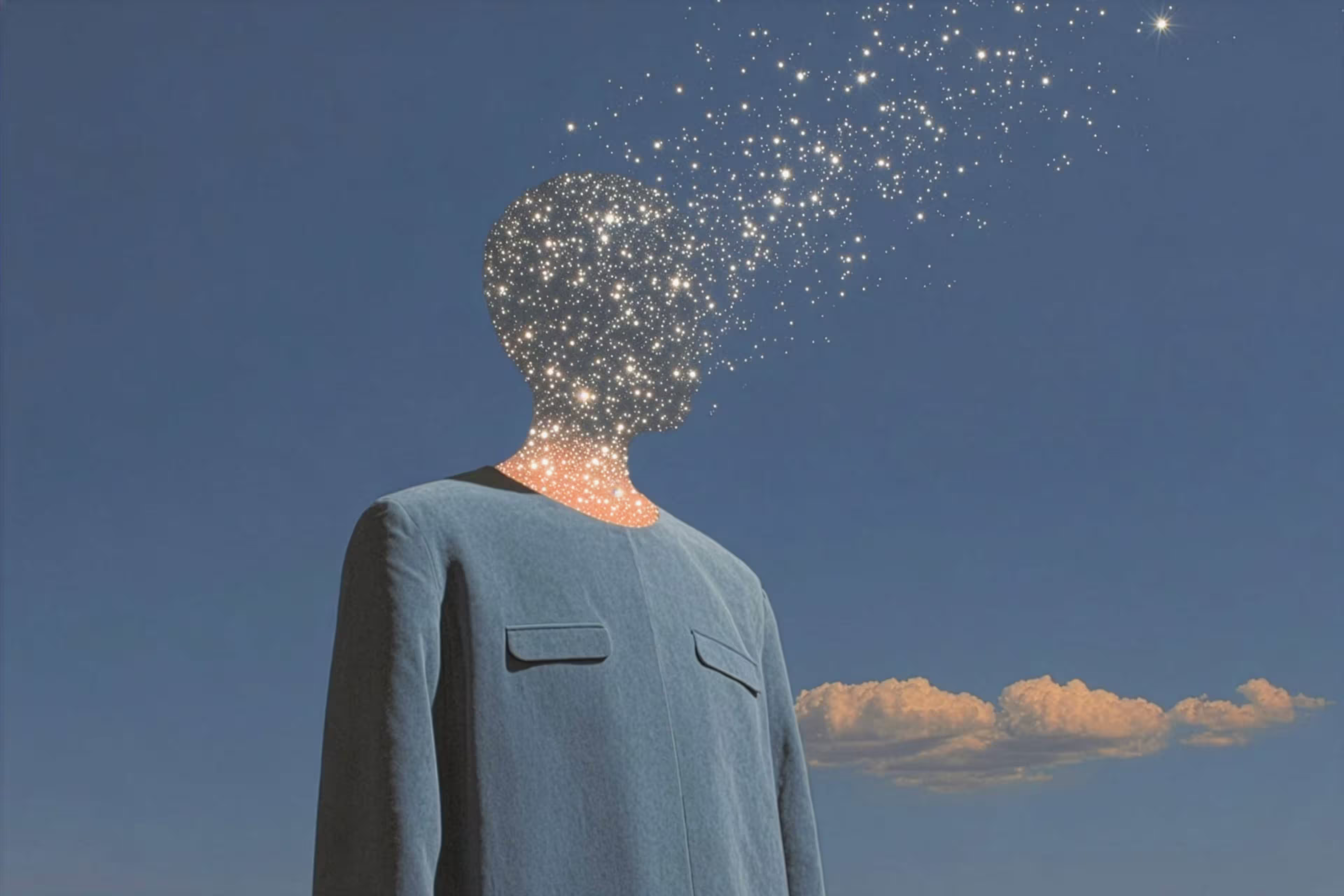 Figure in blue clothing with a head made of glowing stars dispersing into the sky at sunset.