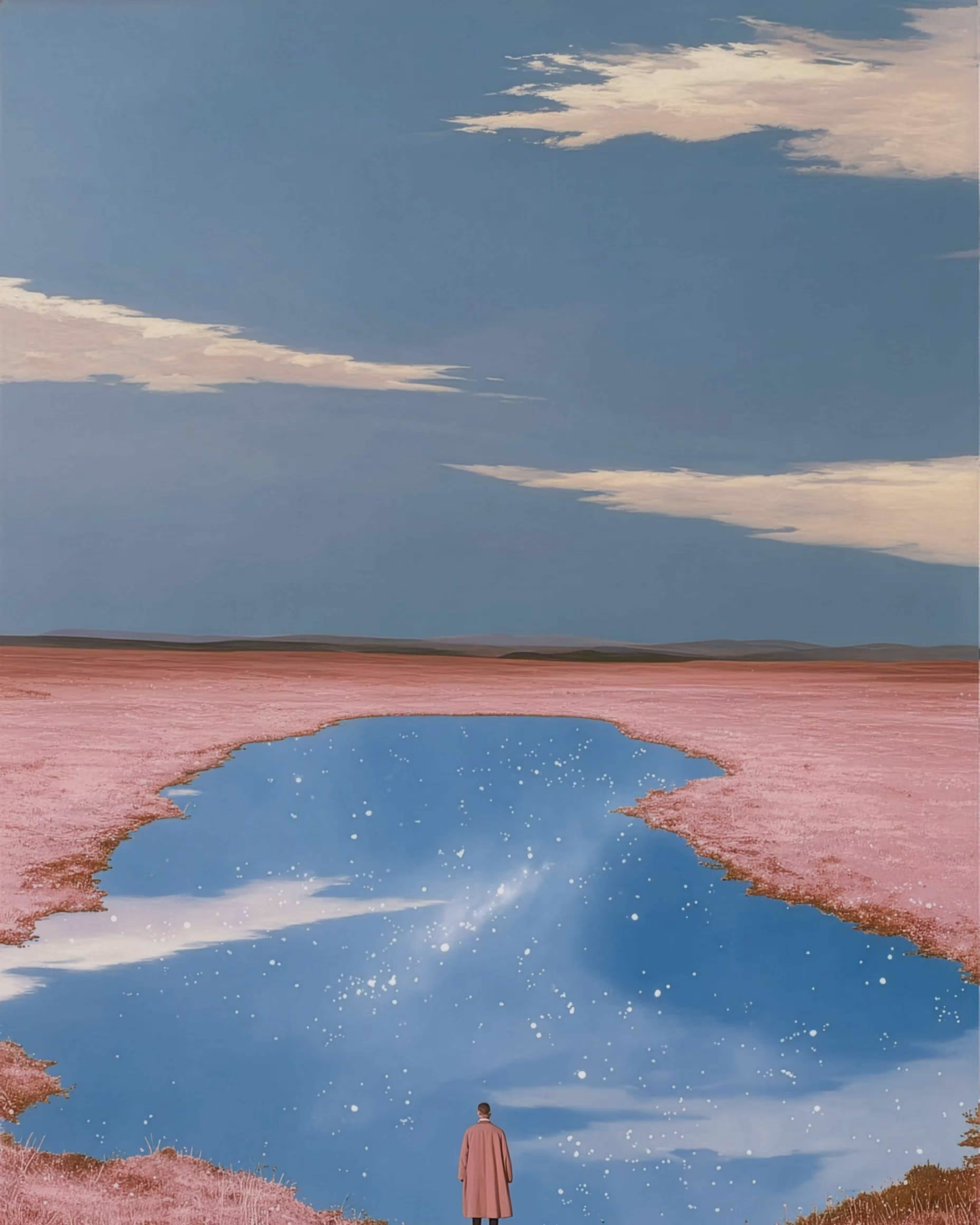 Person in a long coat standing at the edge of a reflective water body showing a starry sky, surrounded by pinkish terrain under a partly cloudy sky.