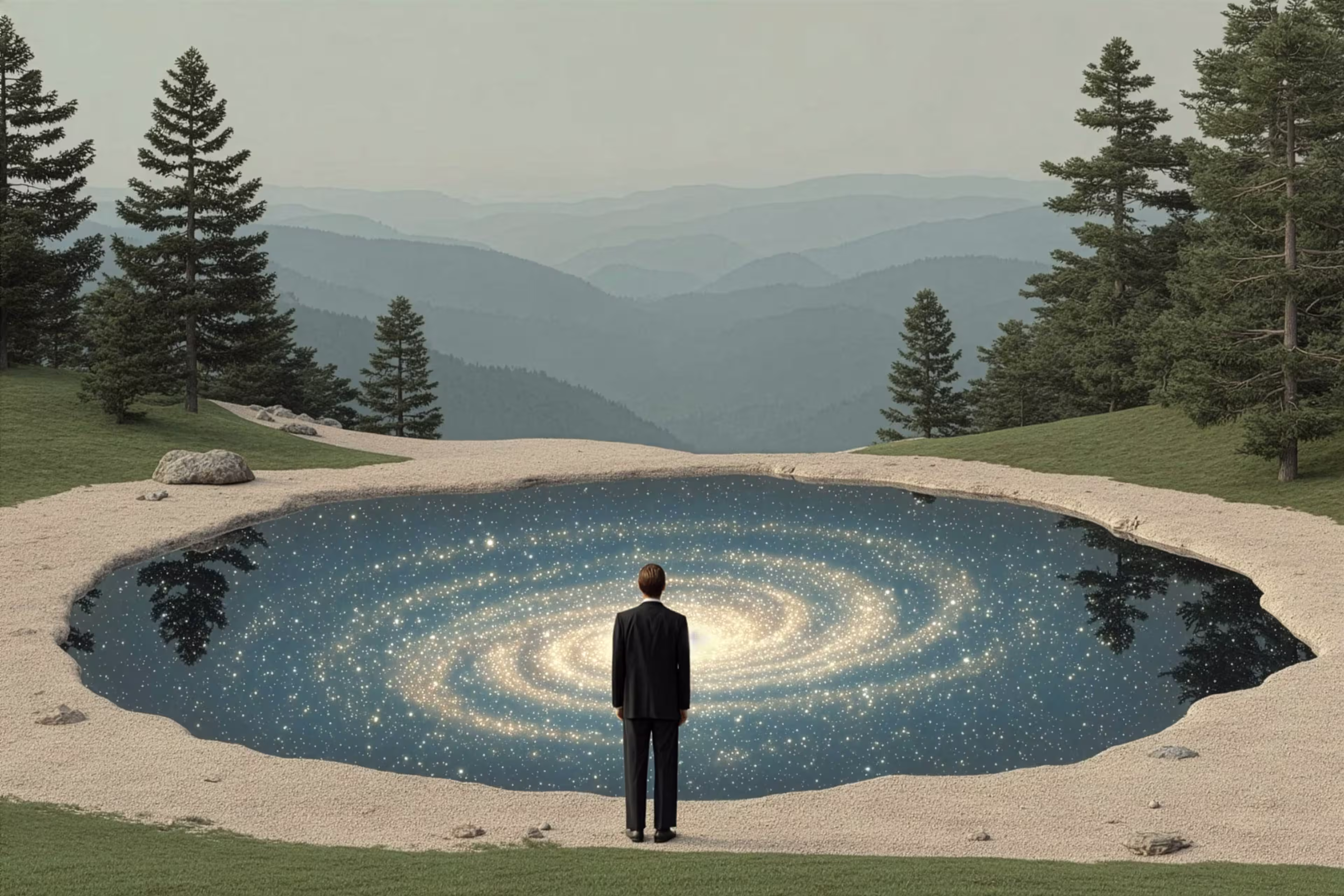 Man in a suit standing by a pond that reflects a glowing spiral galaxy, surrounded by pine trees and distant mountains.