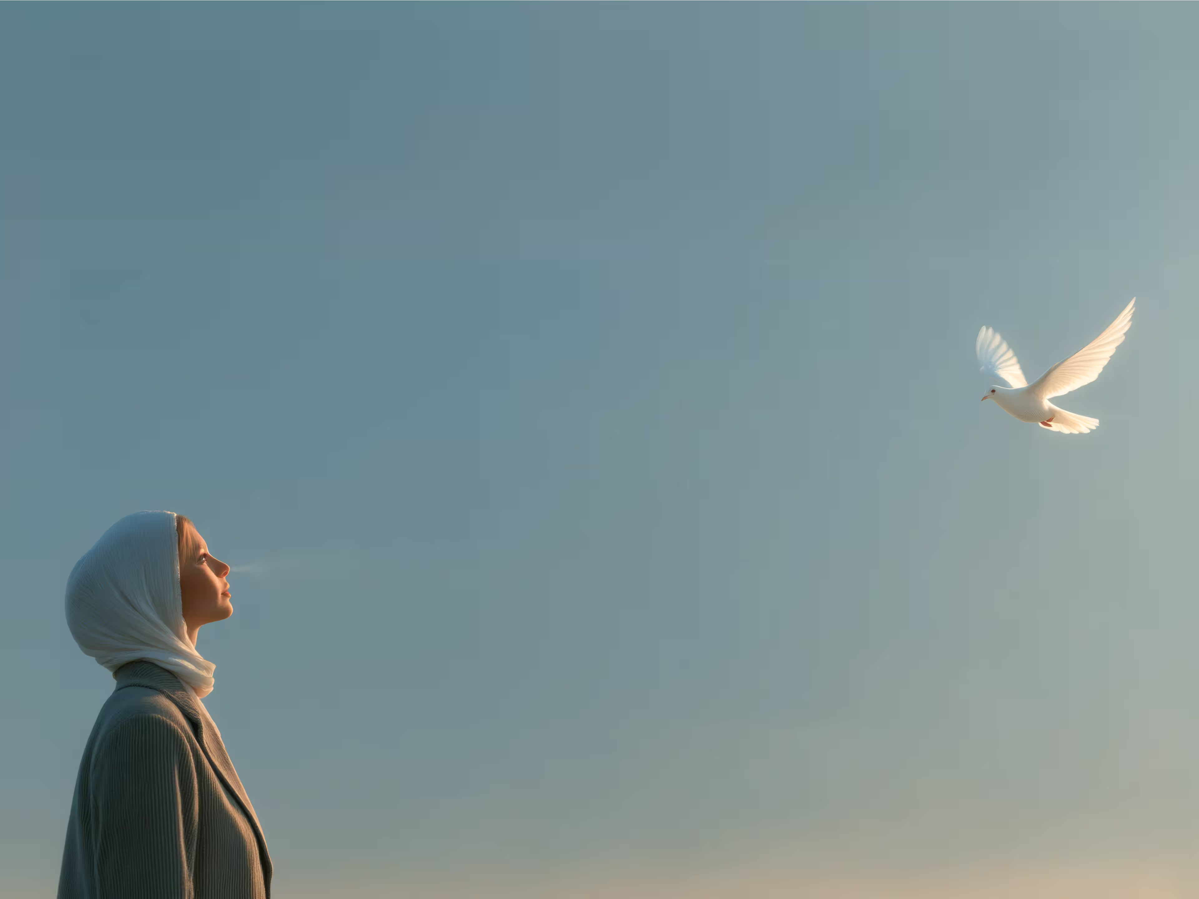 Woman wearing a headscarf looking up at a white dove flying against a clear blue sky.