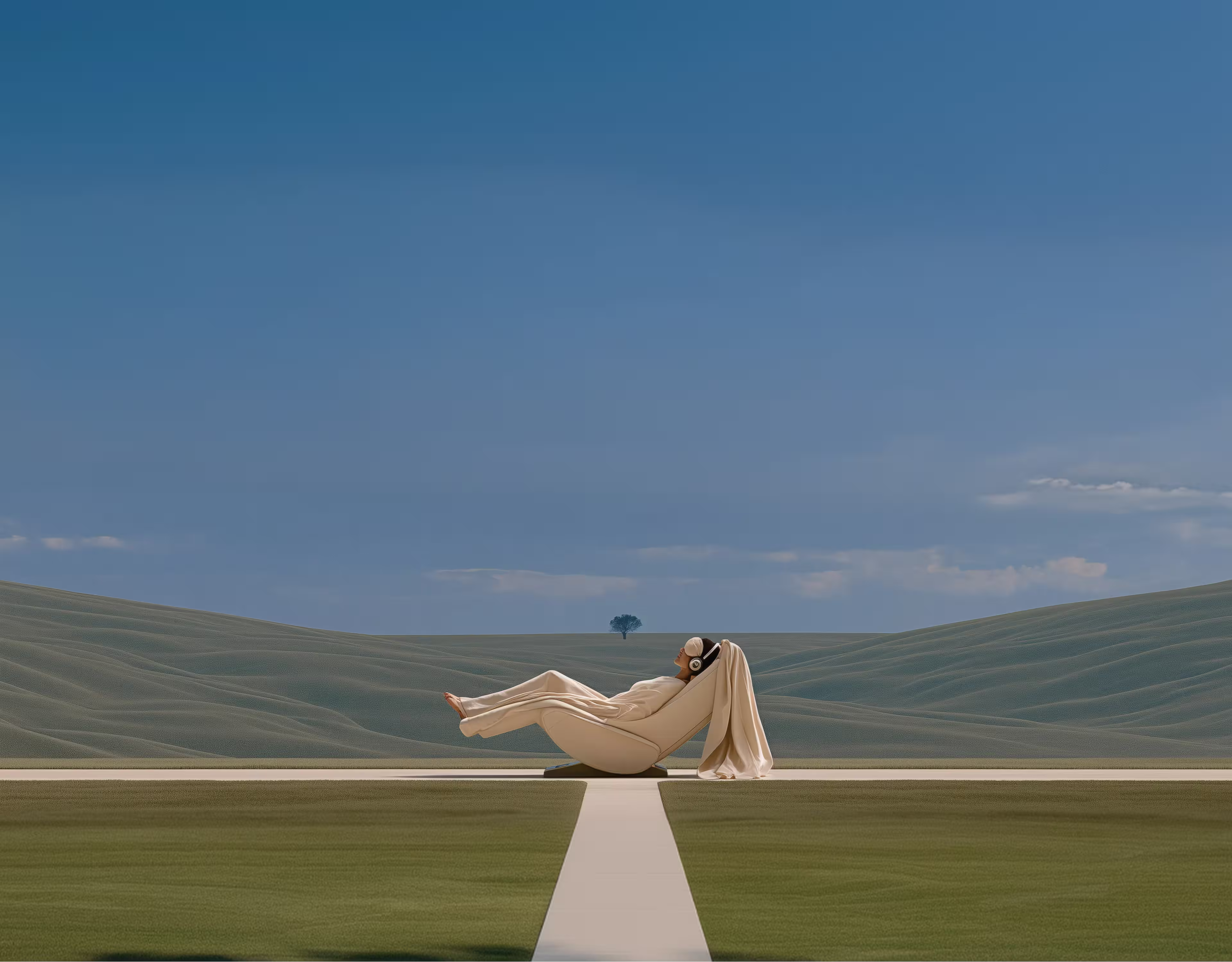 A person in a beige outfit and large headphones reclines sideways on a platform against a background of rolling green hills and a clear blue sky with a single tree at the horizon.