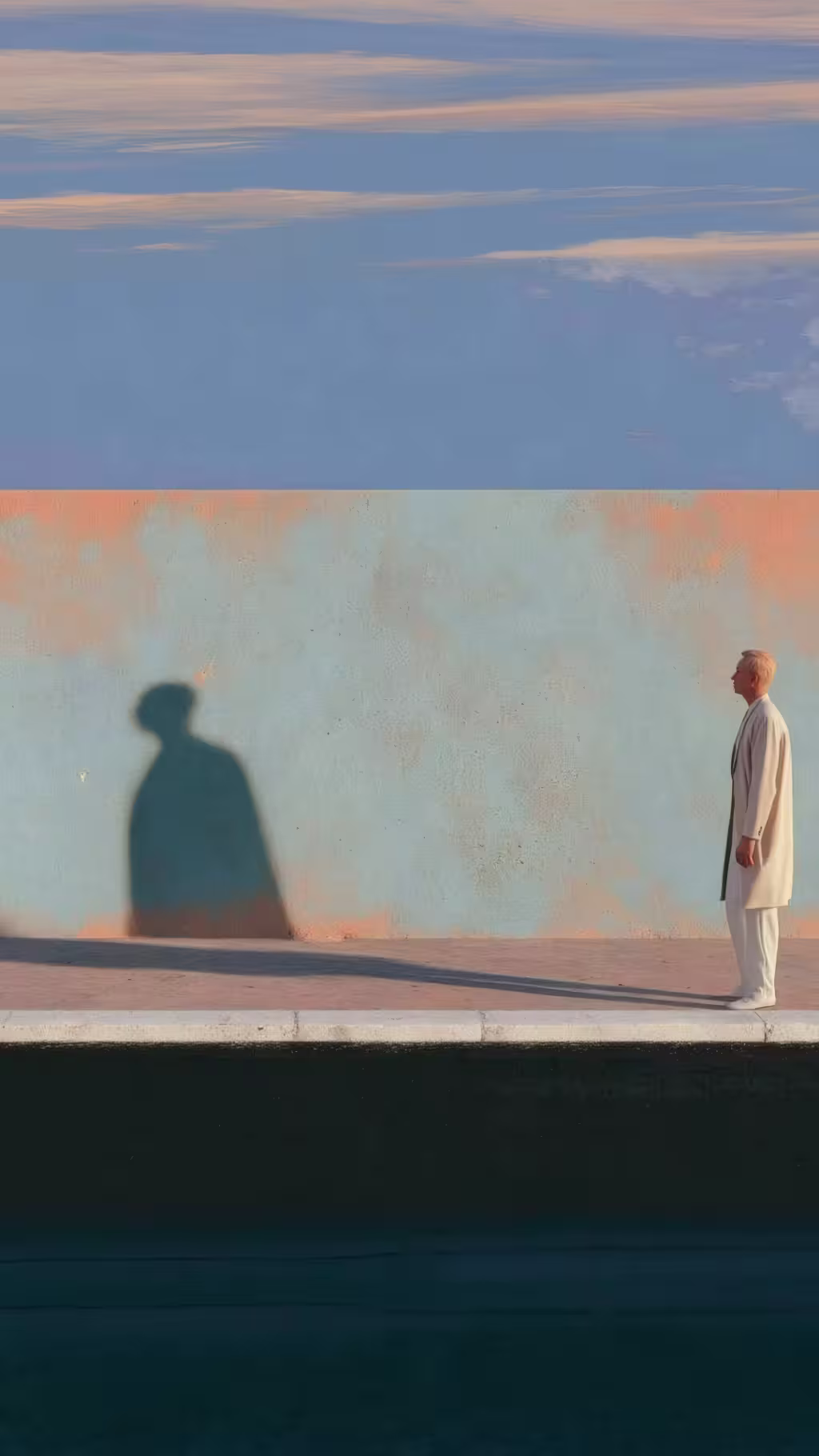 Man dressed in light-colored clothing standing on a sidewalk facing a textured wall that casts a large shadow of his figure, under a sky with soft clouds.