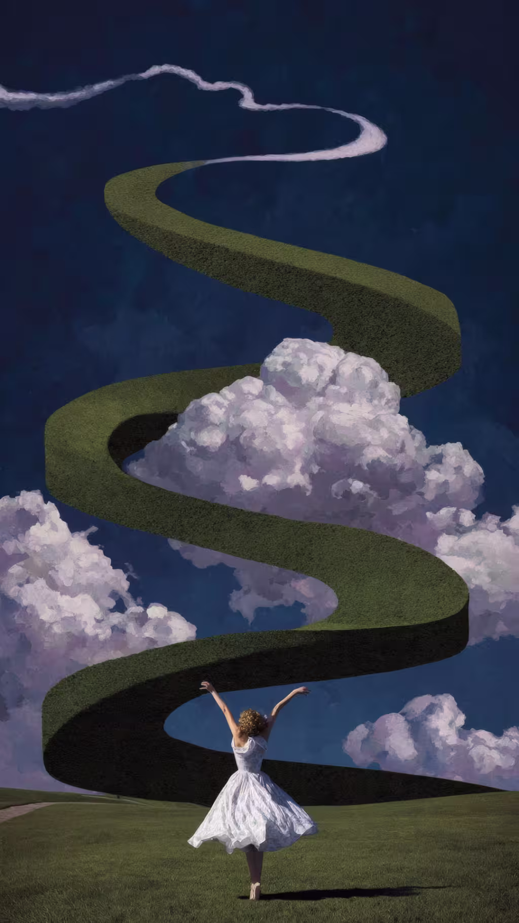 A woman in a white dress stands on a grassy field with arms raised, facing a long, winding, elevated green path that spirals upward into the dark blue sky with clouds.