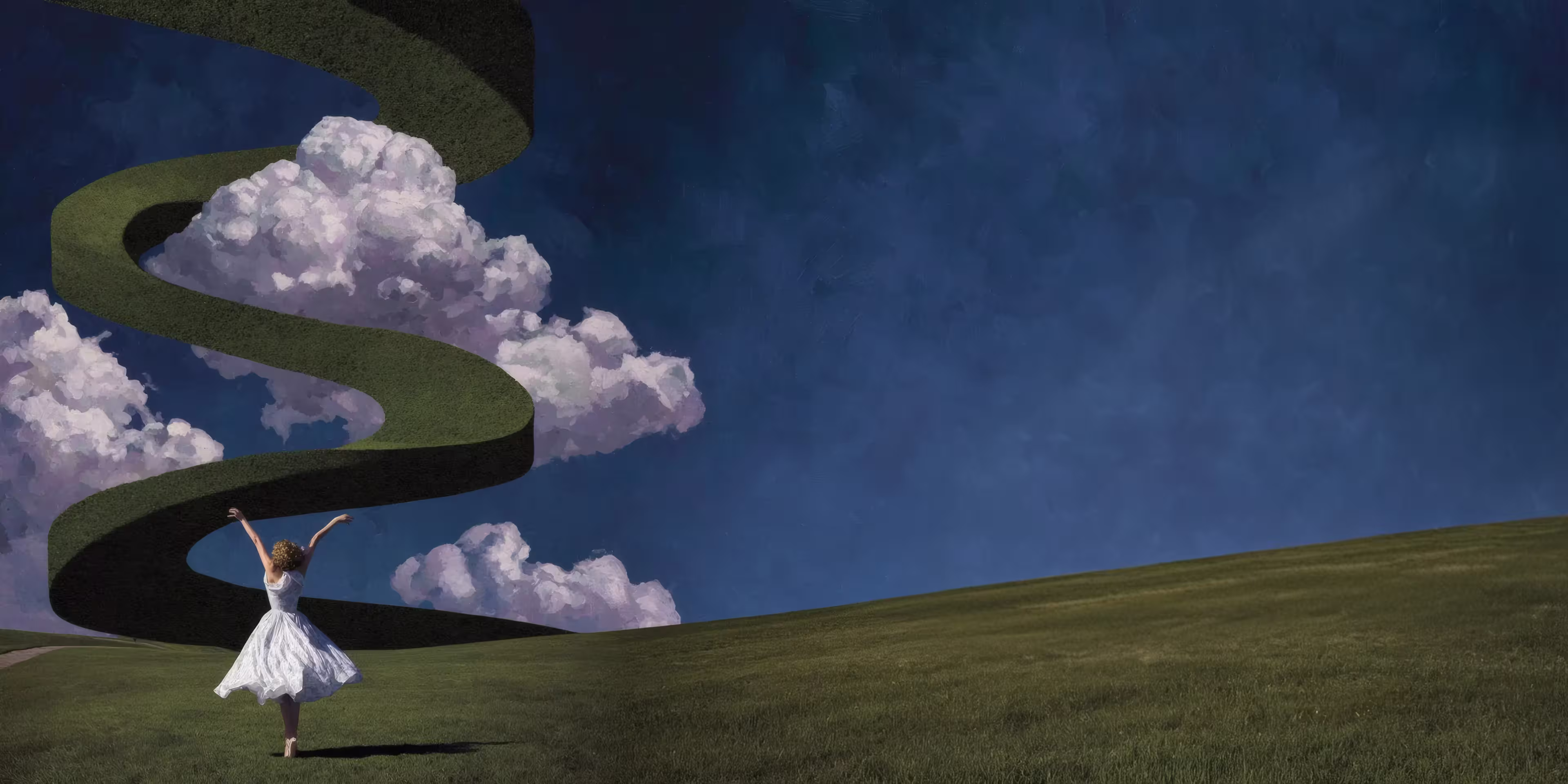A woman in a white dress stands with arms raised on a grassy field under a deep blue sky with clouds, facing a large spiraling green structure rising upwards.