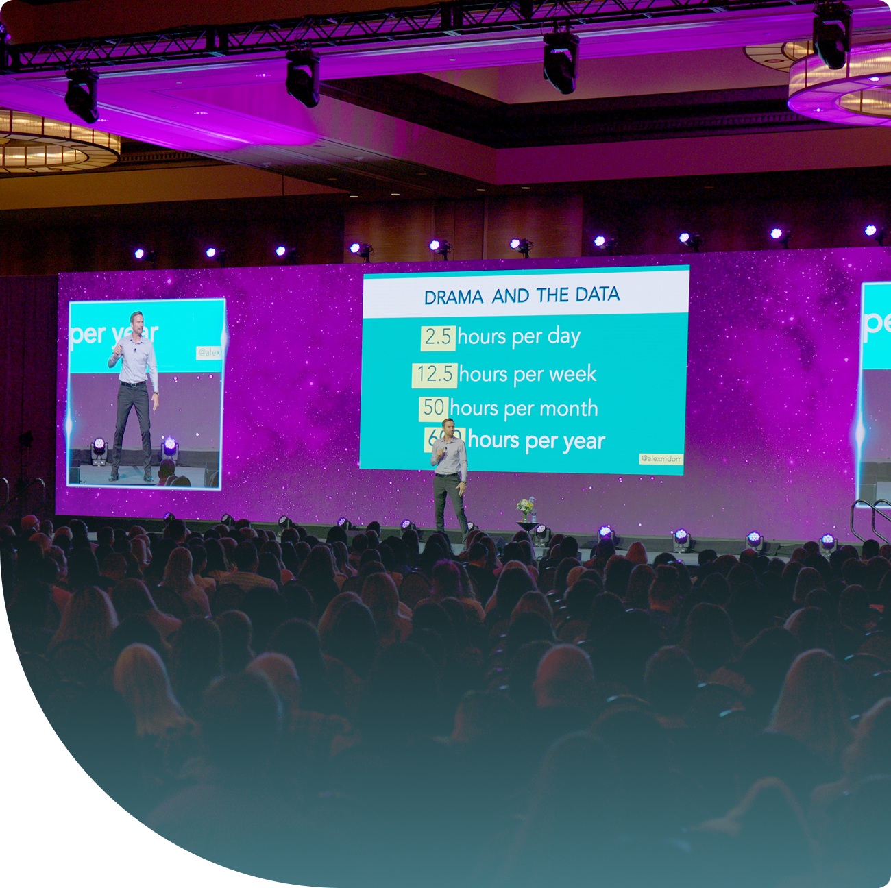 Alex Dorr, keynote speaker on workplace drama and leadership, presenting statistics to a live corporate audience: 2.5 hours of drama lost per employee per day