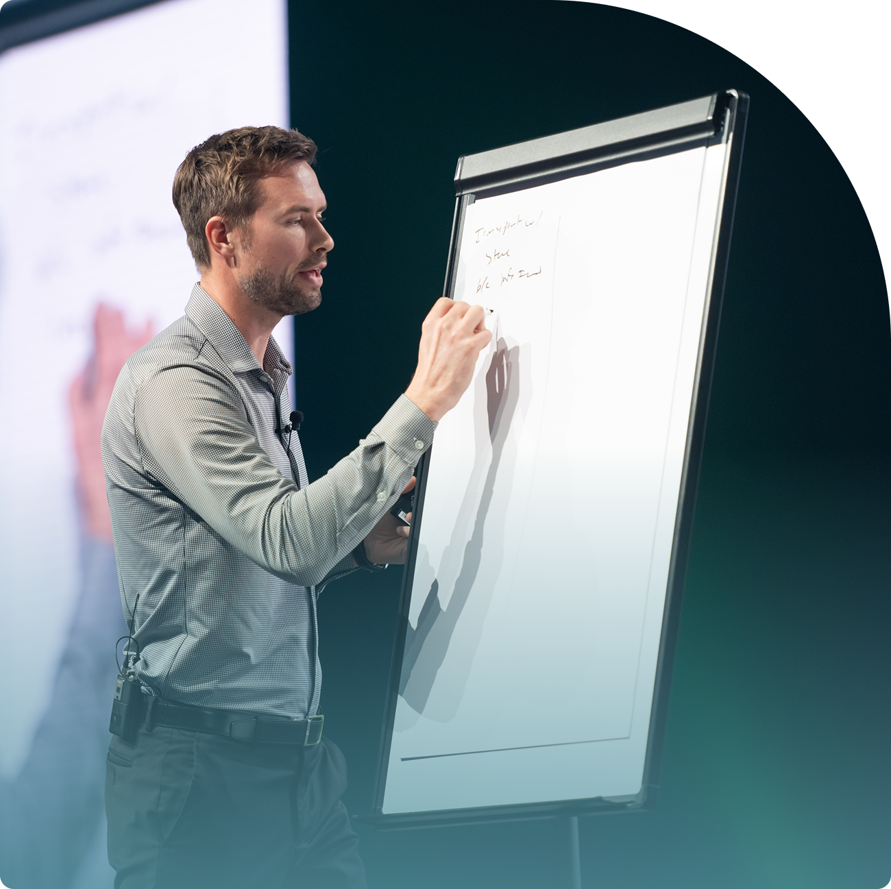 Alex Dorr coaching leaders on accountability and team performance using a flip chart