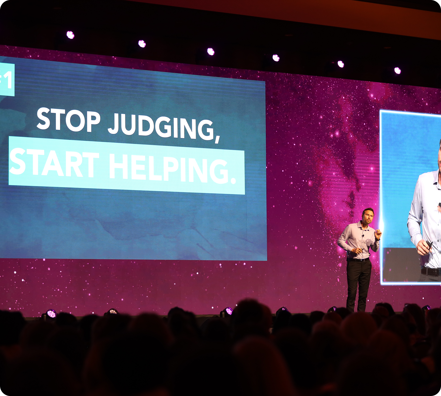 Alex Dorr presenting 'Stop Judging, Start Helping' at a Reality-Based Leadership keynote event