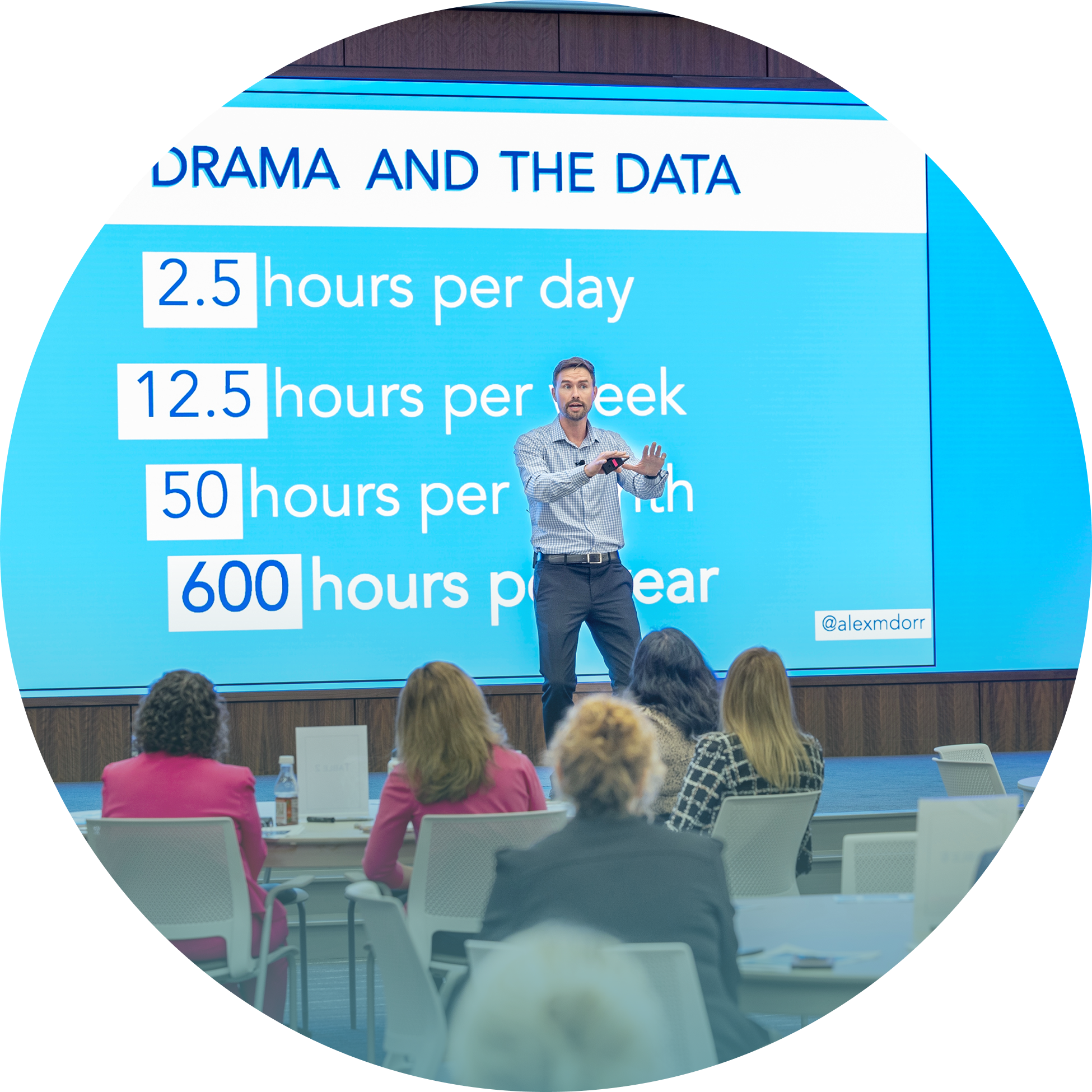 Alex Dorr, keynote speaker on workplace drama and leadership, presenting statistics to a live corporate audience: 2.5 hours of drama lost per employee per day