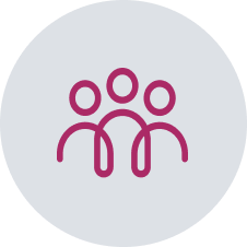 Icon of three people outlined in maroon on a light gray circular background.