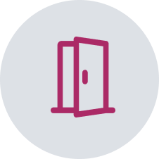 Icon of a purple open door on a light gray circular background.