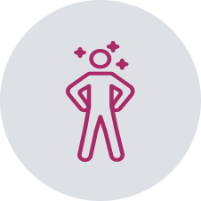 Outline of person standing with hands on hips and stars around head inside a gray circle.