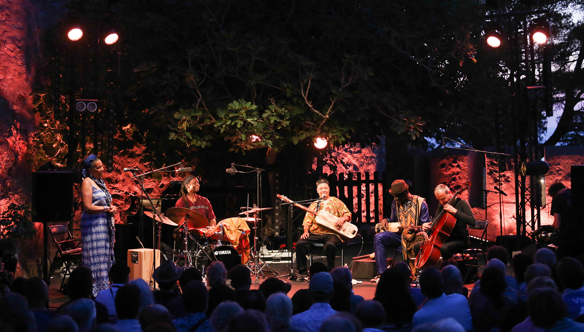 Groupe de musiciens jouant sur scène en plein air devant un public, éclairage chaud et décor naturel d'arbres en arrière-plan.