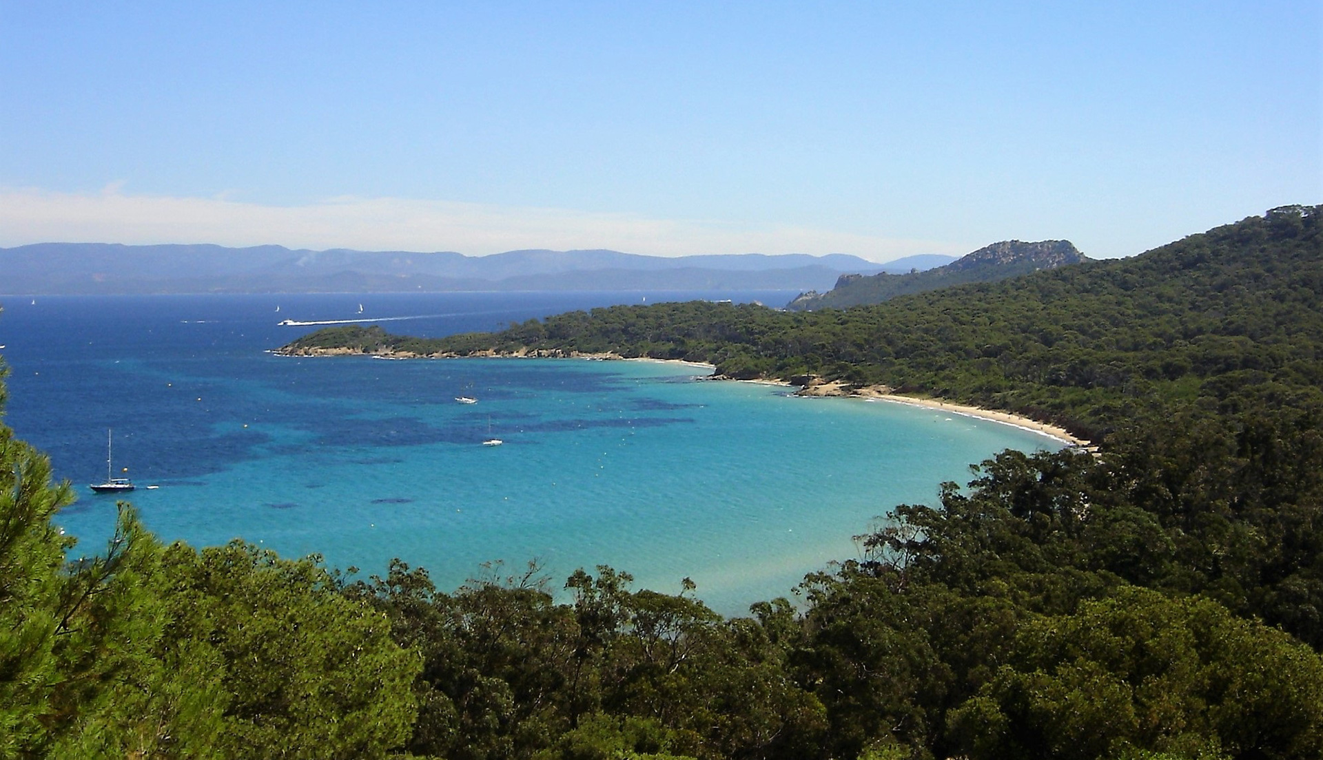 Vue panoramique d'une baie avec une eau turquoise, des voiliers ancrés près de la côte et une forêt dense en arrière-plan sous un ciel bleu clair.