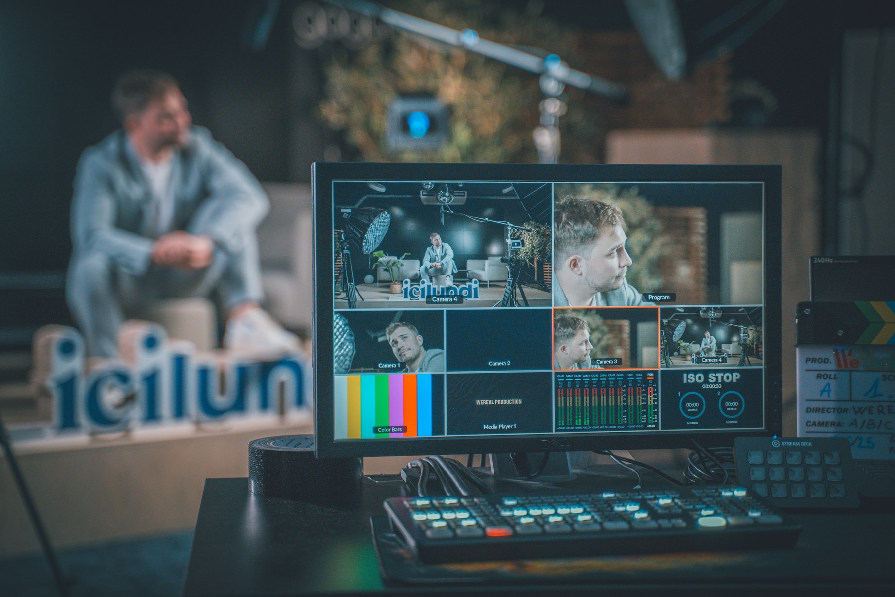 Production desk with a multiview monitor showing camera feeds