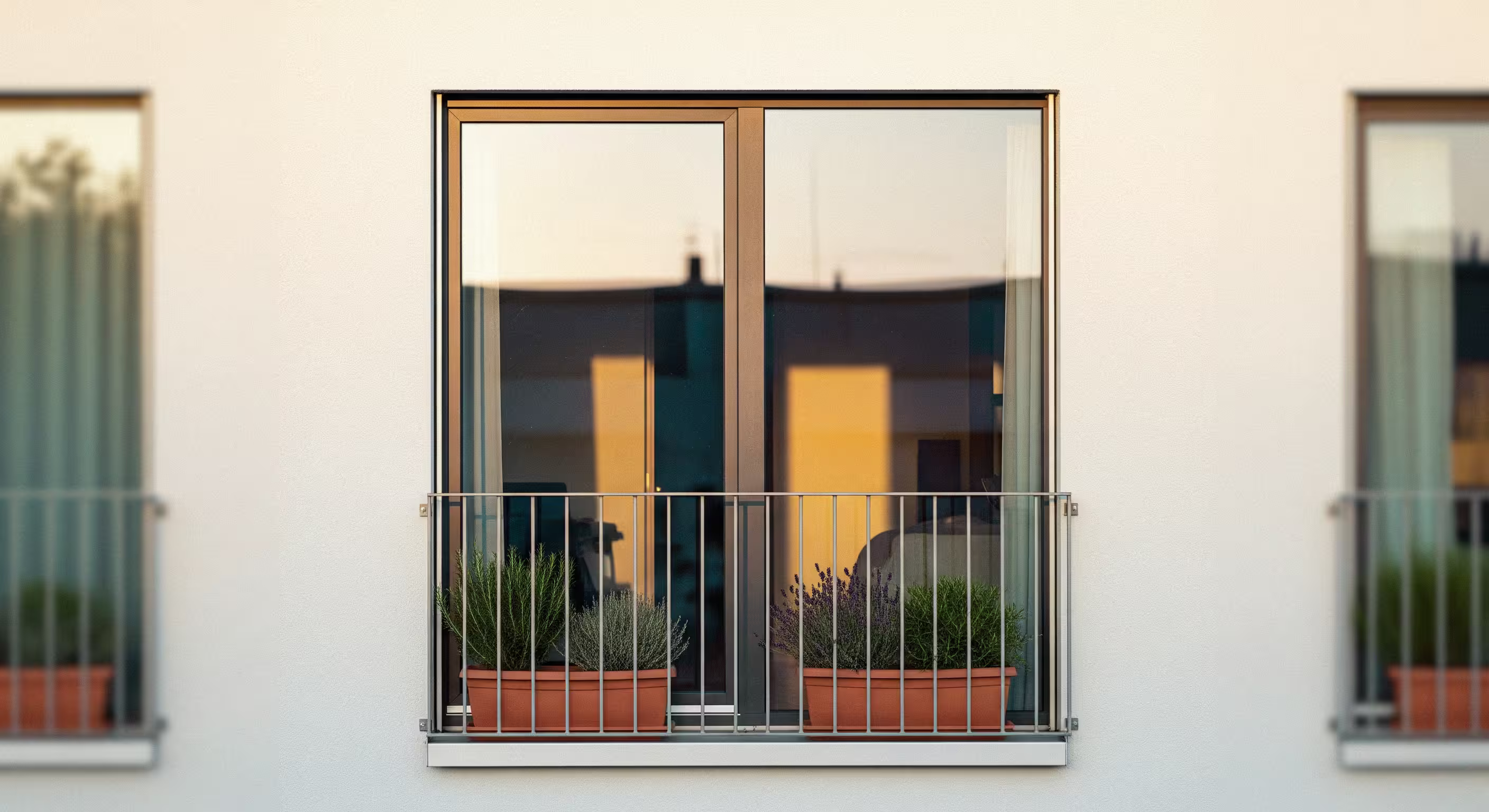 Zwei Topfpflanzen auf einem kleinen Metallbalkon vor modernen Glas-Flügeltüren bei Sonnenuntergang.