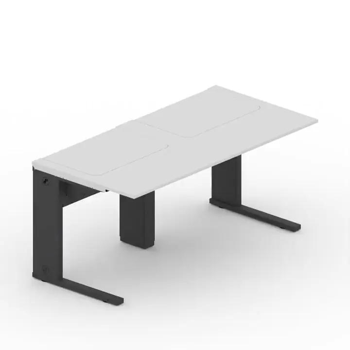 Animation eines SMESK Flip Doppeltischs: Beide Klappen öffnen sich, die Monitore stehen schräg in der Platte, danach schließen sich die Klappen wieder.