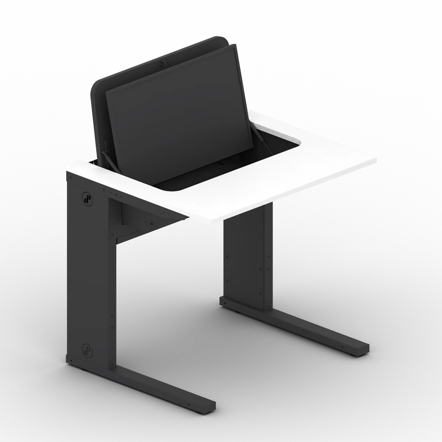 SMESK Flip Einzeltisch mit aufgeklapptem Monitor an der Klappe in der weißen Tischplatte