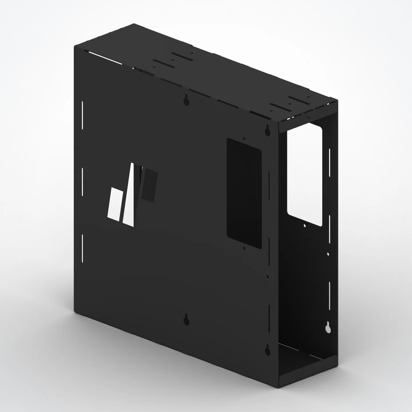 PC-Halter Medium aus schwarzem Blech mit ausgestanztem SMESK-Zeichen und rechteckigem Fenster