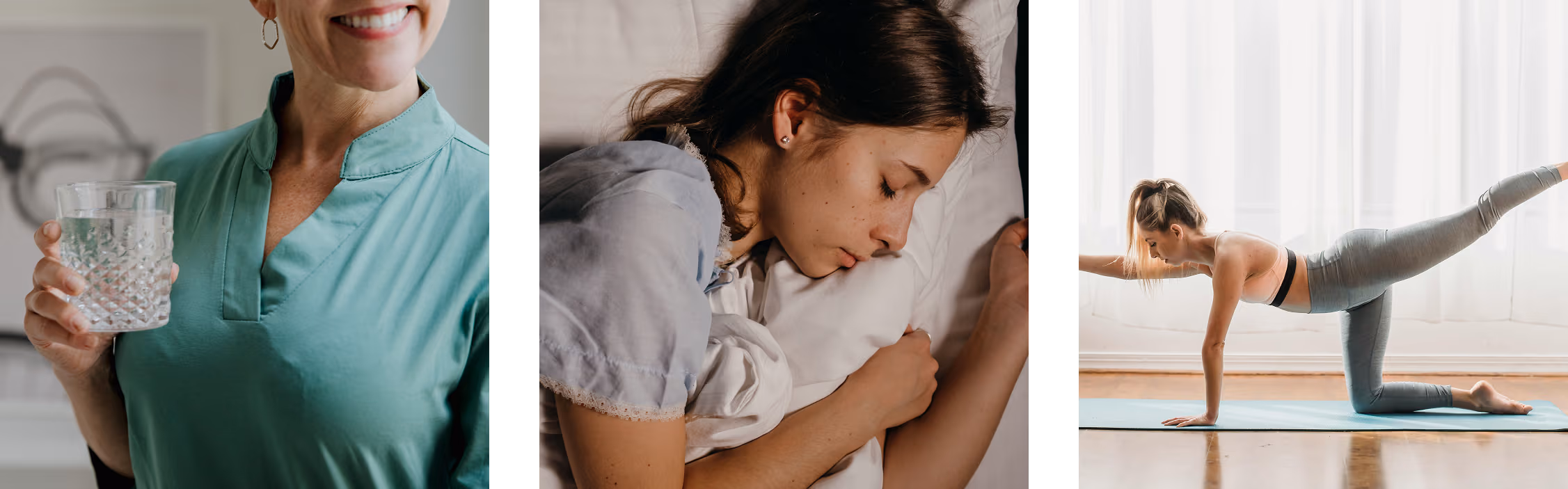 3 photos de bonnes habitudes à prendre pour un foie en meilleur santé : boire de l'eau, dormir, faire du sport