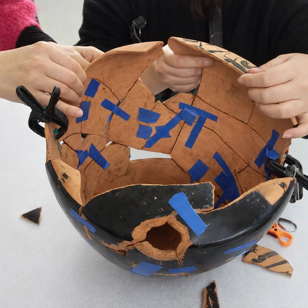Deux personnes assemblent un ancien vase en terre cuite cassé, les morceaux sont maintenus avec du ruban adhésif bleu.